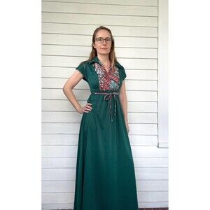 70s Dark Green Maxi Dress Mod Long Vintage XS S